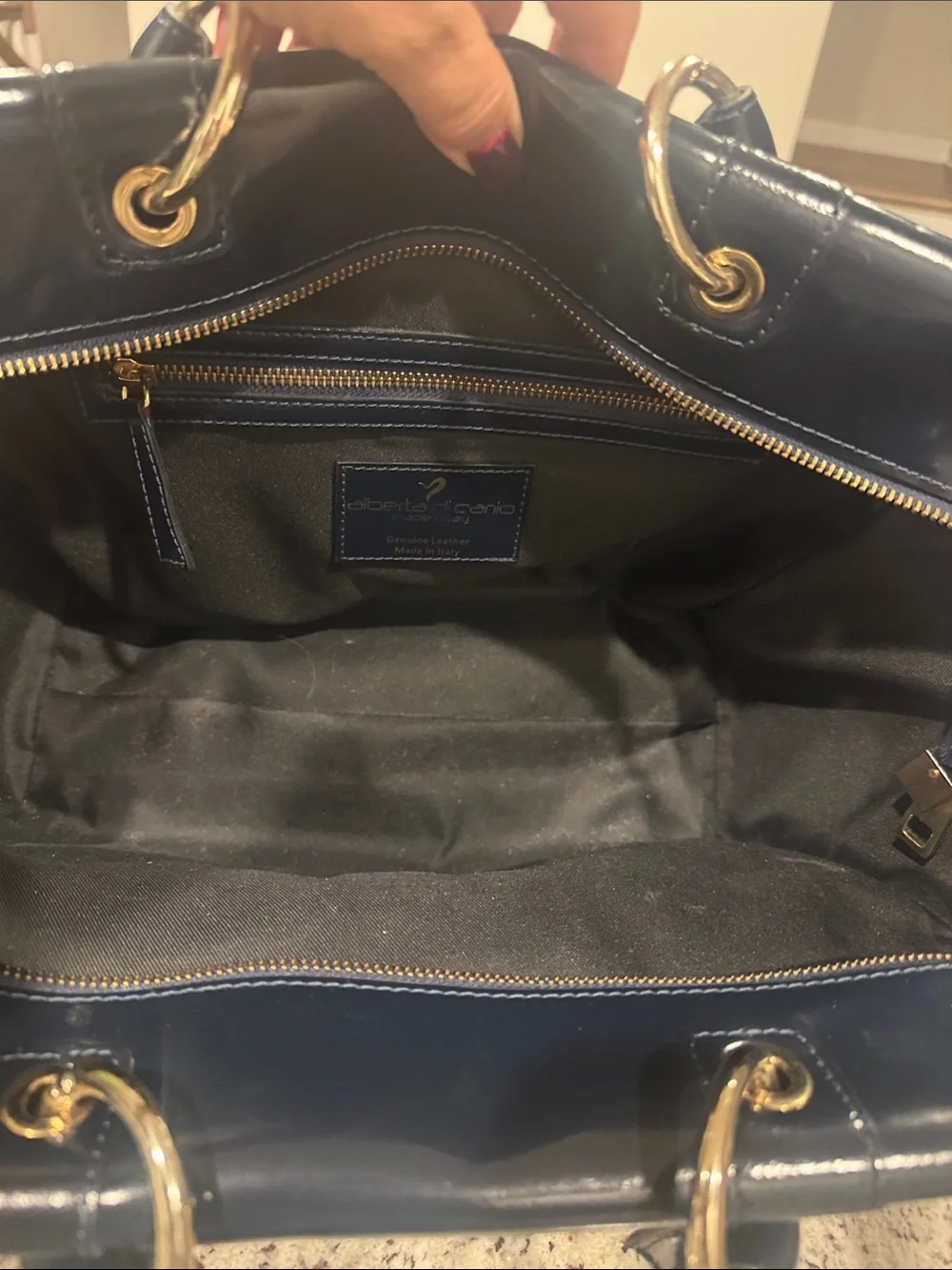 Italian Navy Blue Patent Leather Satchel Handbag with Gold Hardware